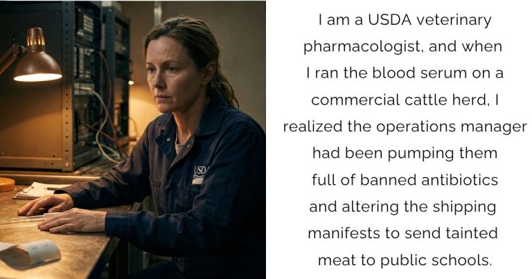 I am a USDA veterinary pharmacologist, and when I ran the blood serum on a commercial cattle herd, I realized the operations manager had been pumping them full of banned antibiotics and altering the shipping manifests to send tainted meat to public schools.