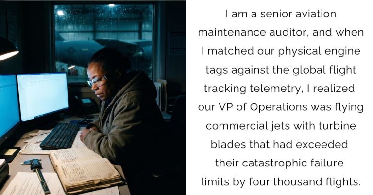 I am a senior aviation maintenance auditor, and when I matched our physical engine tags against the global flight tracking telemetry, I realized our VP of Operations was flying commercial jets with turbine blades that had exceeded their catastrophic failure limits by four thousand flights.