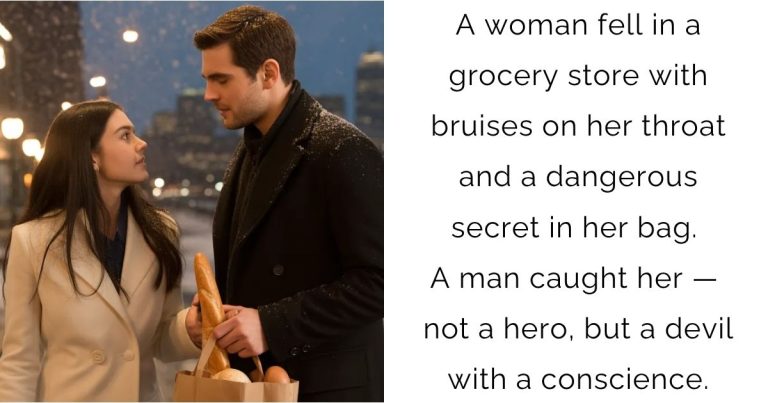 A woman fell in a grocery store with bruises on her throat and a dangerous secret in her bag. A man caught her — not a hero, but a devil with a conscience.