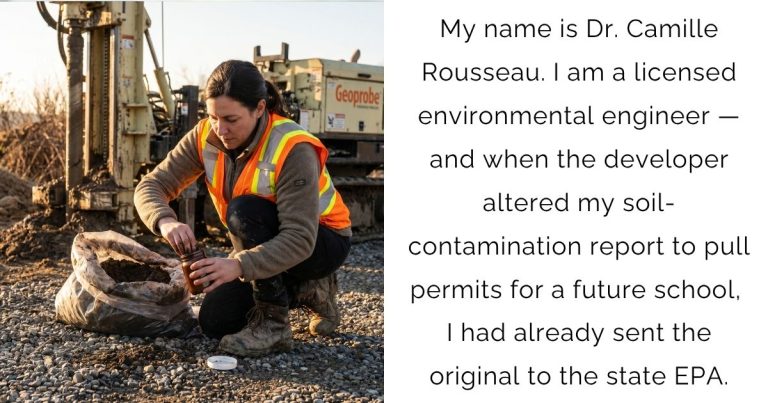 My name is Dr. Camille Rousseau. I am a licensed environmental engineer — and when the developer altered my soil-contamination report to pull permits for a future school, I had already sent the original to the state EPA.