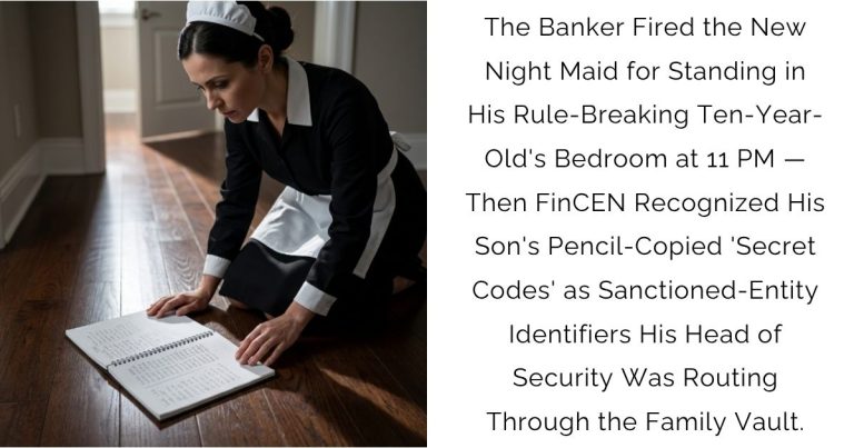 The Banker Fired the New Night Maid for Standing in His Rule-Breaking Ten-Year-Old’s Bedroom at 11 PM — Then FinCEN Recognized His Son’s Pencil-Copied ‘Secret Codes’ as Sanctioned-Entity Identifiers His Head of Security Was Routing Through the Family Vault.