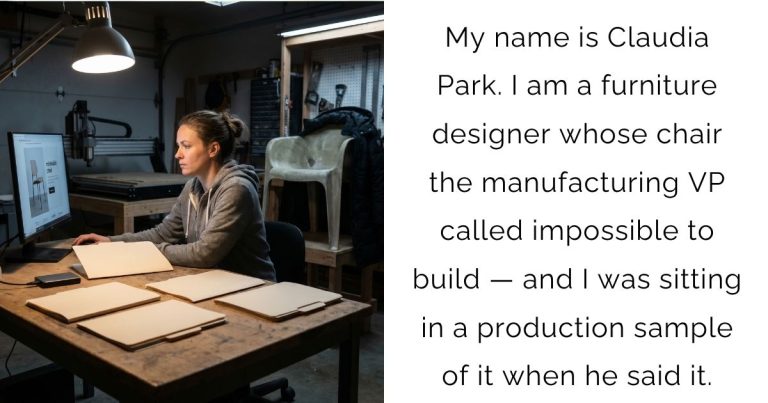 My name is Claudia Park. I am a furniture designer whose chair the manufacturing VP called impossible to build — and I was sitting in a production sample of it when he said it.