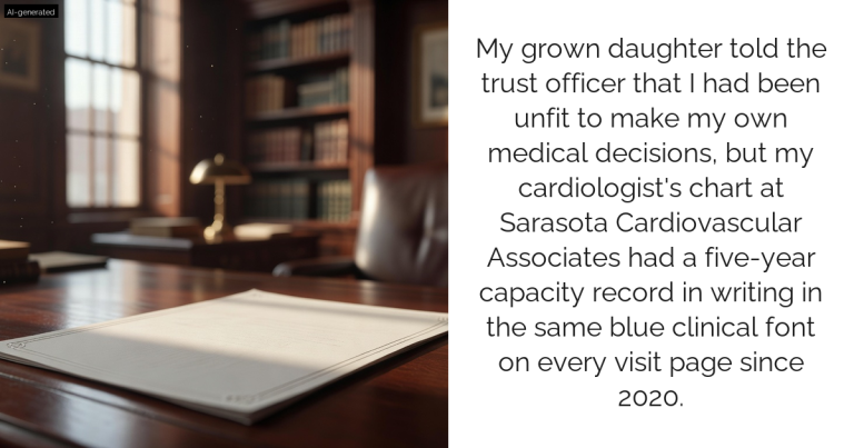 My grown daughter told the trust officer that I had been unfit to make my own medical decisions, but my cardiologist’s chart at Sarasota Cardiovascular Associates had a five-year capacity record in writing in the same blue clinical font on every visit page since 2020.