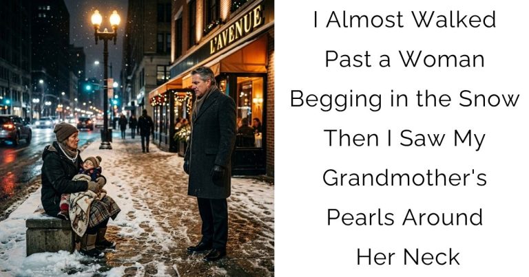 I Almost Walked Past a Woman Begging in the Snow — Then I Saw My Grandmother’s Pearls Around Her Neck