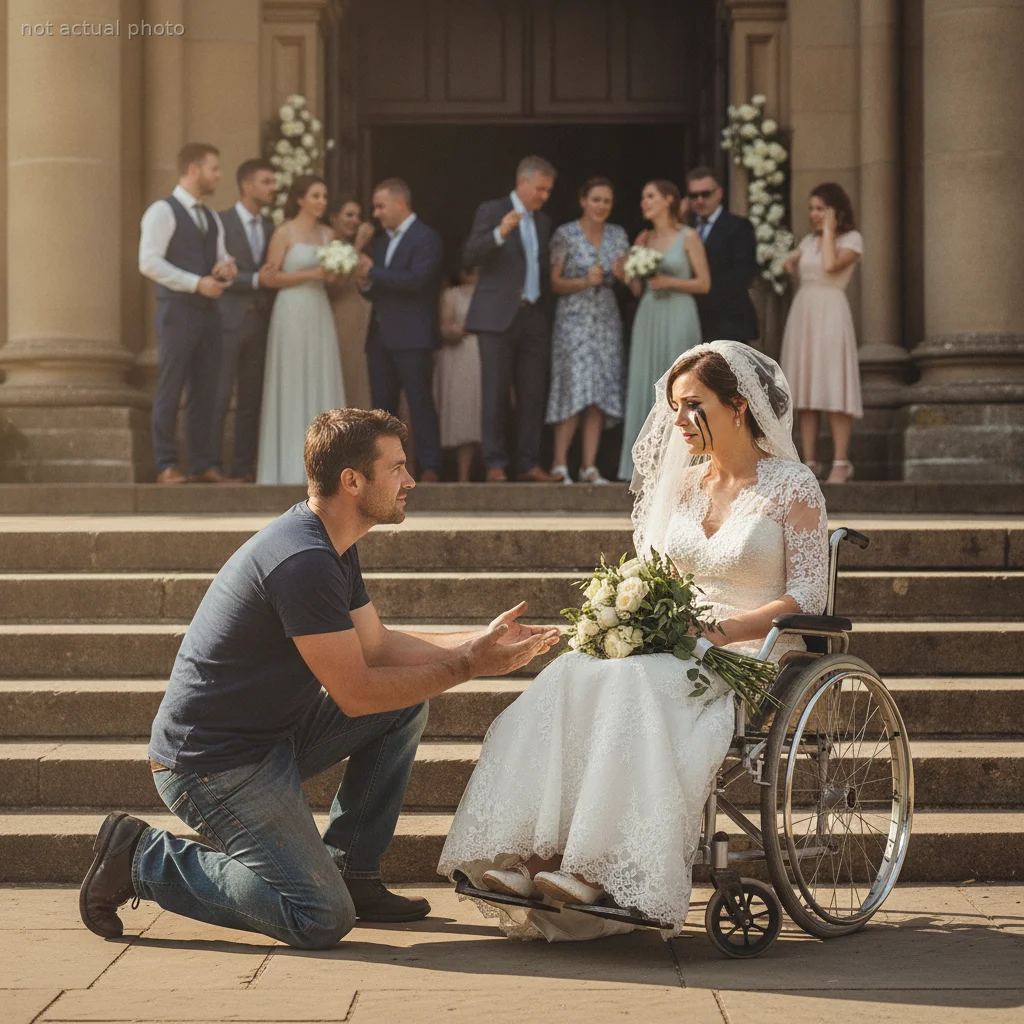 The Groom Vanished Minutes Before the Vows, Leaving His Bride Alone in Her Wheelchair on the Church Steps — Then a Mechanic Crouched Down Beside Her