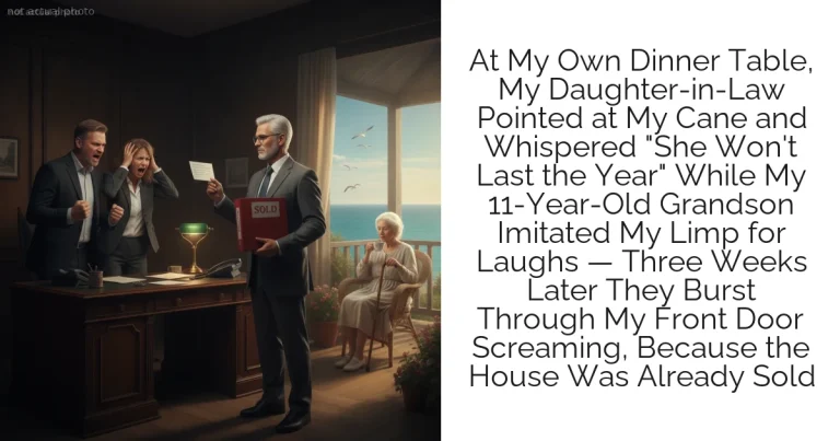 At My Own Dinner Table, My Daughter-in-Law Pointed at My Cane and Whispered "She Won't Last the Year" While My 11-Year-Old Grandson Imitated My Limp for Laughs — Three Weeks Later They Burst Through My Front Door Screaming, Because the House Was Already Sold