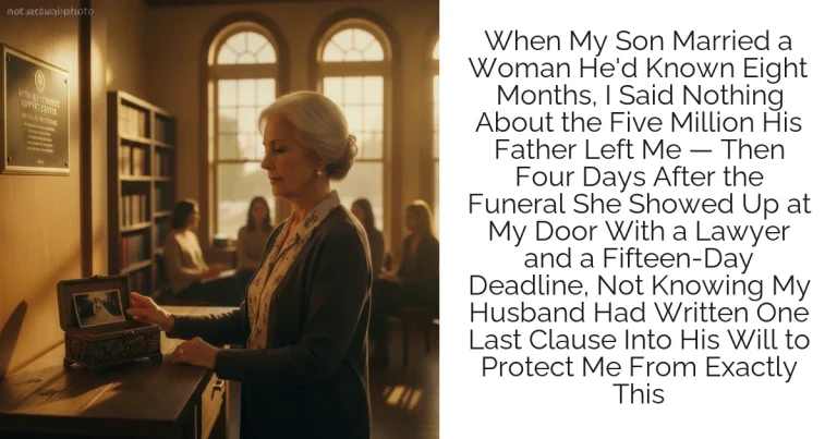 When My Son Married a Woman He'd Known Eight Months, I Said Nothing About the Five Million His Father Left Me — Then Four Days After the Funeral She Showed Up at My Door With a Lawyer and a Fifteen-Day Deadline, Not Knowing My Husband Had Written One Last Clause Into His Will to Protect Me From Exactly This