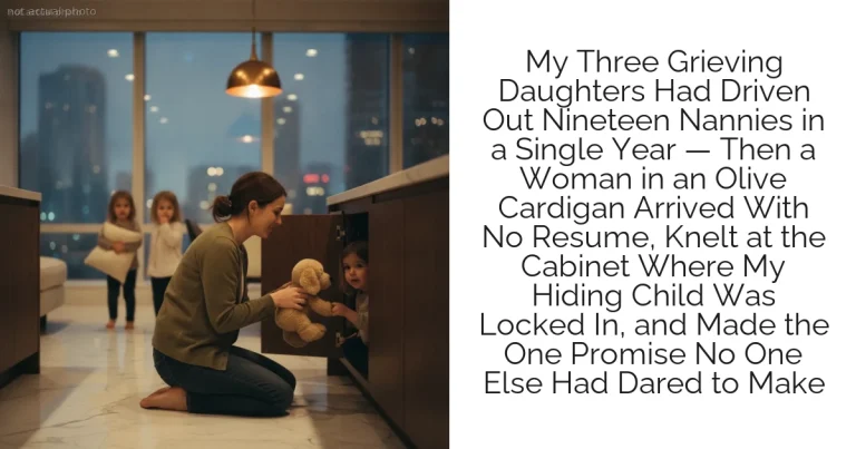 My Three Grieving Daughters Had Driven Out Nineteen Nannies in a Single Year — Then a Woman in an Olive Cardigan Arrived With No Resume, Knelt at the Cabinet Where My Hiding Child Was Locked In, and Made the One Promise No One Else Had Dared to Make