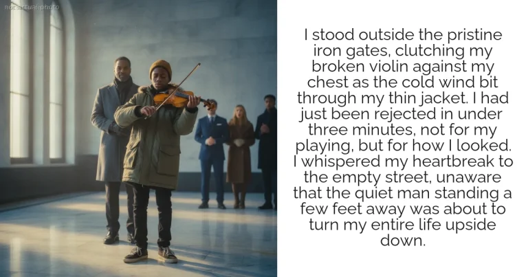 I stood outside the pristine iron gates, clutching my broken violin against my chest as the cold wind bit through my thin jacket. I had just been rejected in under three minutes, not for my playing, but for how I looked. I whispered my heartbreak to the empty street, unaware that the quiet man standing a few feet away was about to turn my entire life upside down.