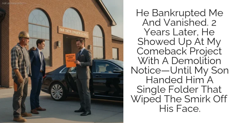He Bankrupted Me And Vanished. 2 Years Later, He Showed Up At My Comeback Project With A Demolition Notice—Until My Son Handed Him A Single Folder That Wiped The Smirk Off His Face.