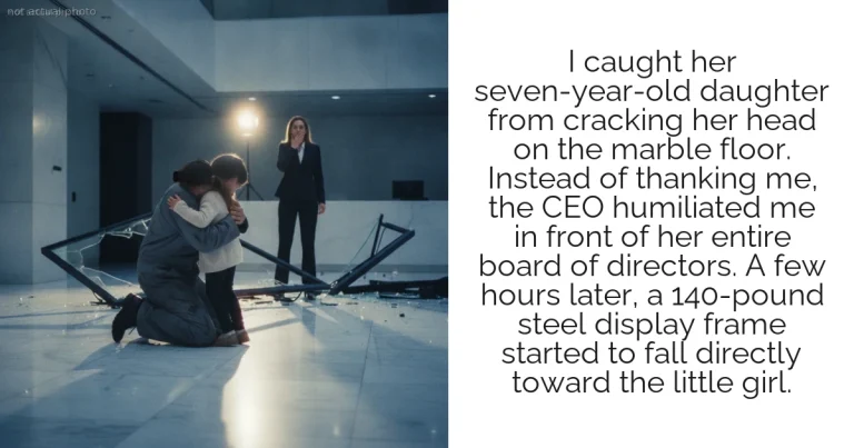 I caught her seven-year-old daughter from cracking her head on the marble floor. Instead of thanking me, the CEO humiliated me in front of her entire board of directors. A few hours later, a 140-pound steel display frame started to fall directly toward the little girl.