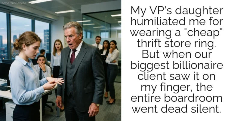 My VP's daughter humiliated me for wearing a "cheap" thrift store ring. But when our biggest billionaire client saw it on my finger, the entire boardroom went dead silent.