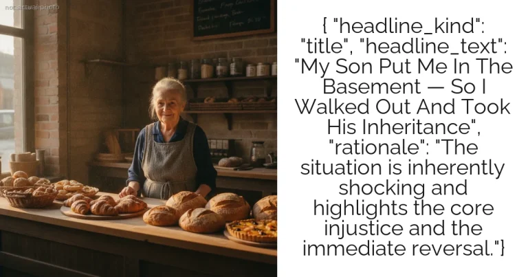 { "headline_kind": "title", "headline_text": "My Son Put Me In The Basement — So I Walked Out And Took His Inheritance", "rationale": "The situation is inherently shocking and highlights the core injustice and the immediate reversal."}