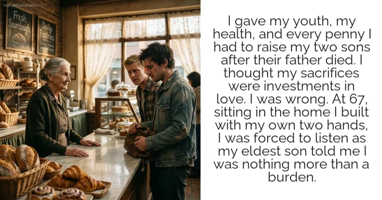 I gave my youth, my health, and every penny I had to raise my two sons after their father died. I thought my sacrifices were investments in love. I was wrong. At 67, sitting in the home I built with my own two hands, I was forced to listen as my eldest son told me I was nothing more than a burden.