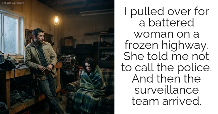 I pulled over for a battered woman on a frozen highway. She told me not to call the police. And then the surveillance team arrived.
