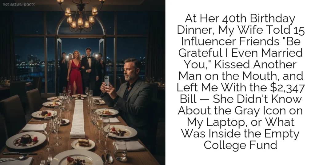 At Her 40th Birthday Dinner, My Wife Told 15 Influencer Friends "Be Grateful I Even Married You," Kissed Another Man on the Mouth, and Left Me With the $2,347 Bill — She Didn't Know About the Gray Icon on My Laptop, or What Was Inside the Empty College Fund