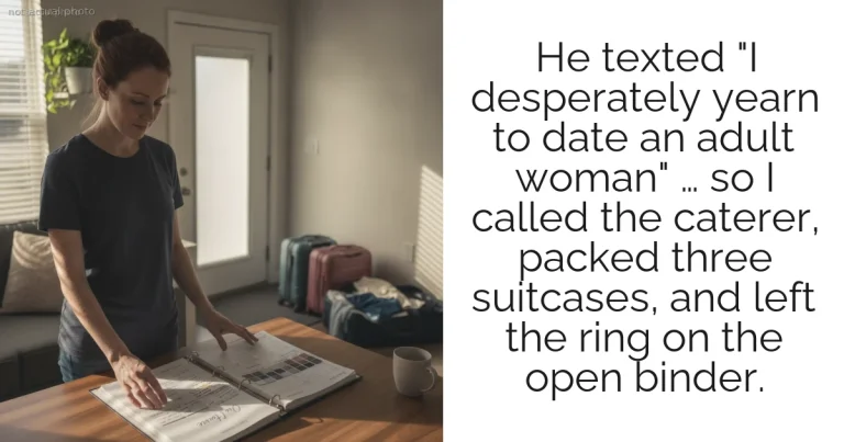 He texted "I desperately yearn to date an adult woman" … so I called the caterer, packed three suitcases, and left the ring on the open binder.