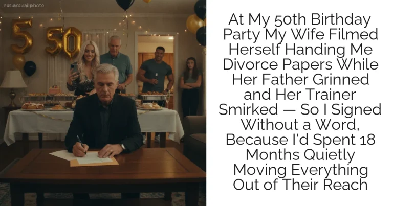 At My 50th Birthday Party My Wife Filmed Herself Handing Me Divorce Papers While Her Father Grinned and Her Trainer Smirked — So I Signed Without a Word, Because I'd Spent 18 Months Quietly Moving Everything Out of Their Reach