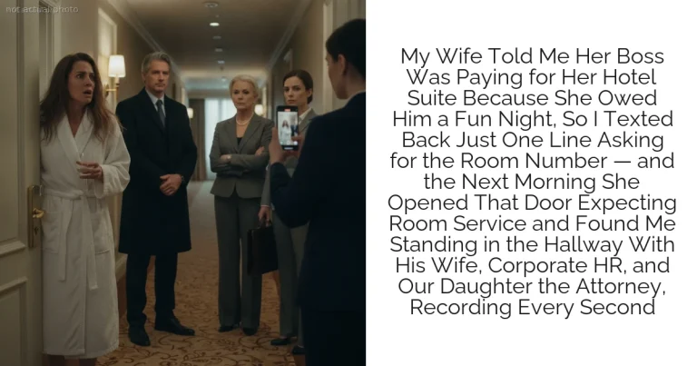 My Wife Told Me Her Boss Was Paying for Her Hotel Suite Because She Owed Him a Fun Night, So I Texted Back Just One Line Asking for the Room Number — and the Next Morning She Opened That Door Expecting Room Service and Found Me Standing in the Hallway With His Wife, Corporate HR, and Our Daughter the Attorney, Recording Every Second