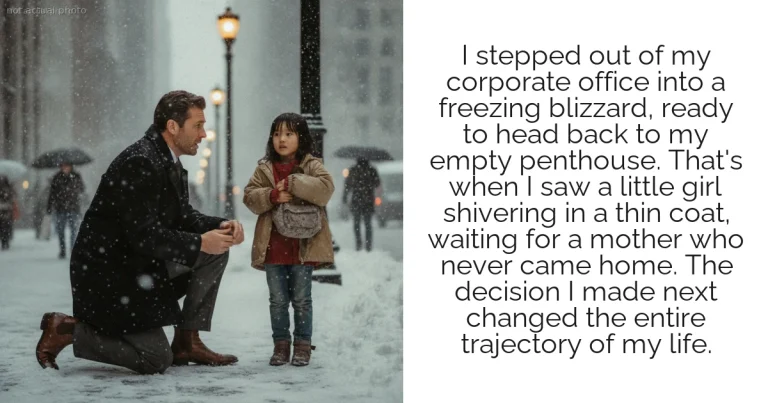 I stepped out of my corporate office into a freezing blizzard, ready to head back to my empty penthouse. That's when I saw a little girl shivering in a thin coat, waiting for a mother who never came home. The decision I made next changed the entire trajectory of my life.