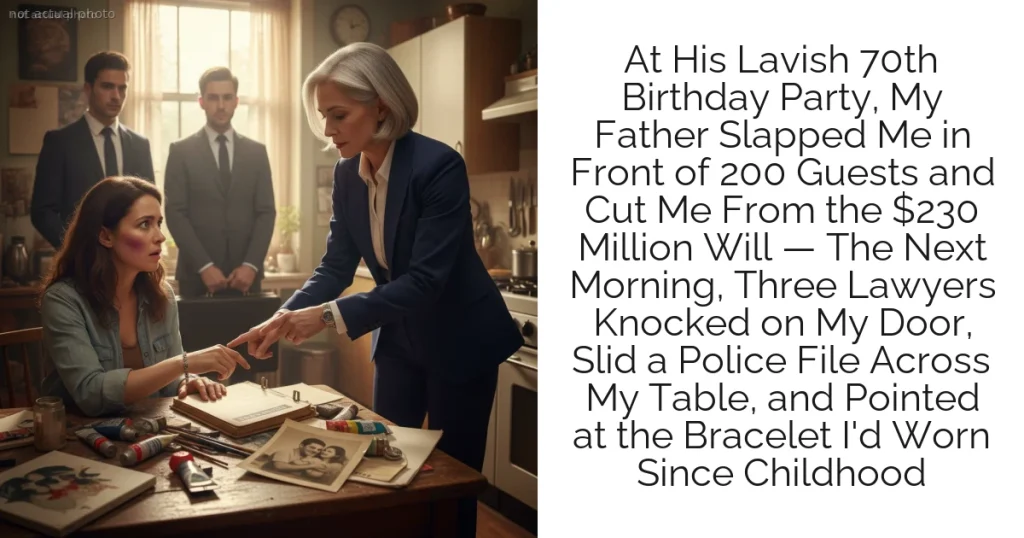 At His Lavish 70th Birthday Party, My Father Slapped Me in Front of 200 Guests and Cut Me From the $230 Million Will — The Next Morning, Three Lawyers Knocked on My Door, Slid a Police File Across My Table, and Pointed at the Bracelet I'd Worn Since Childhood