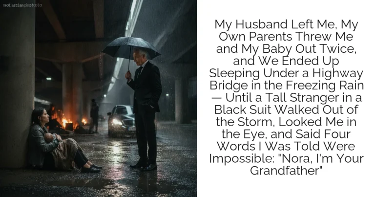 My Husband Left Me, My Own Parents Threw Me and My Baby Out Twice, and We Ended Up Sleeping Under a Highway Bridge in the Freezing Rain — Until a Tall Stranger in a Black Suit Walked Out of the Storm, Looked Me in the Eye, and Said Four Words I Was Told Were Impossible: "Nora, I'm Your Grandfather"