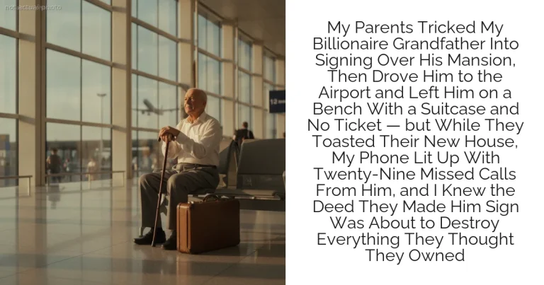 My Parents Tricked My Billionaire Grandfather Into Signing Over His Mansion, Then Drove Him to the Airport and Left Him on a Bench With a Suitcase and No Ticket — but While They Toasted Their New House, My Phone Lit Up With Twenty-Nine Missed Calls From Him, and I Knew the Deed They Made Him Sign Was About to Destroy Everything They Thought They Owned