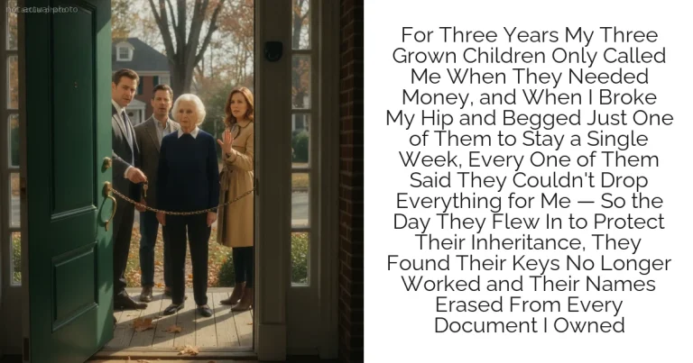 For Three Years My Three Grown Children Only Called Me When They Needed Money, and When I Broke My Hip and Begged Just One of Them to Stay a Single Week, Every One of Them Said They Couldn't Drop Everything for Me — So the Day They Flew In to Protect Their Inheritance, They Found Their Keys No Longer Worked and Their Names Erased From Every Document I Owned