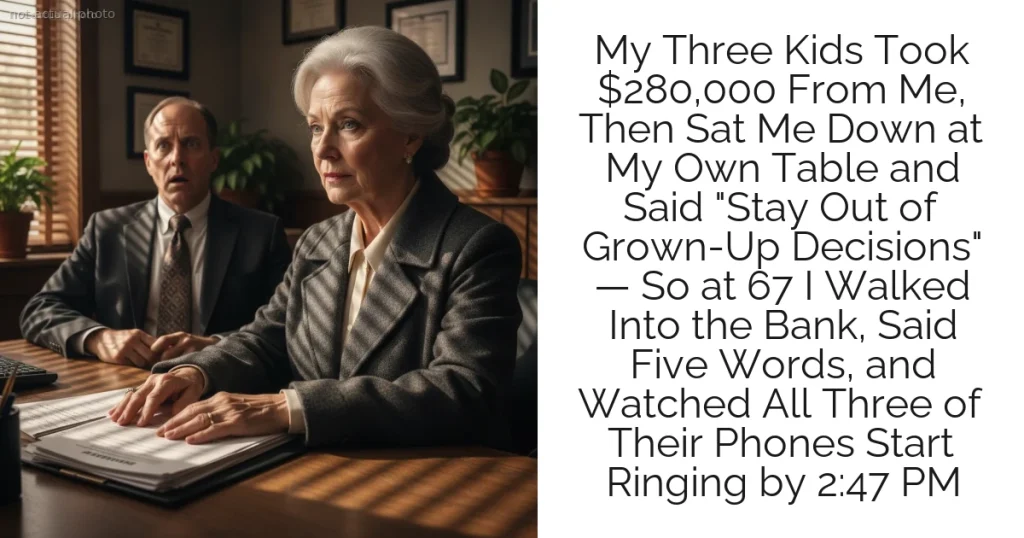My Three Kids Took $280,000 From Me, Then Sat Me Down at My Own Table and Said "Stay Out of Grown-Up Decisions" — So at 67 I Walked Into the Bank, Said Five Words, and Watched All Three of Their Phones Start Ringing by 2:47 PM