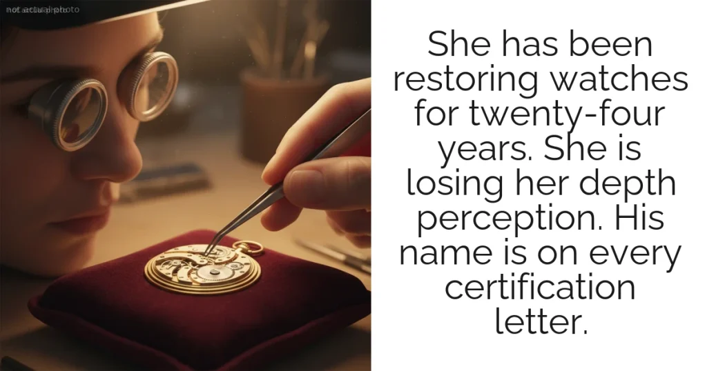 She has been restoring watches for twenty-four years. She is losing her depth perception. His name is on every certification letter.