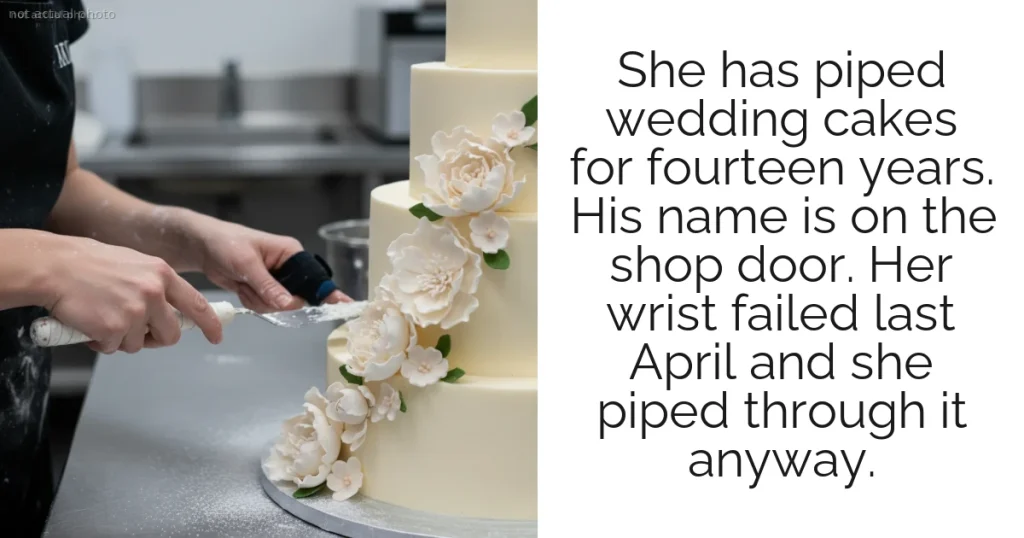 She has piped wedding cakes for fourteen years. His name is on the shop door. Her wrist failed last April and she piped through it anyway.