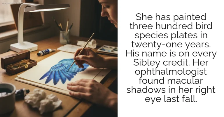She has painted three hundred bird species plates in twenty-one years. His name is on every Sibley credit. Her ophthalmologist found macular shadows in her right eye last fall.