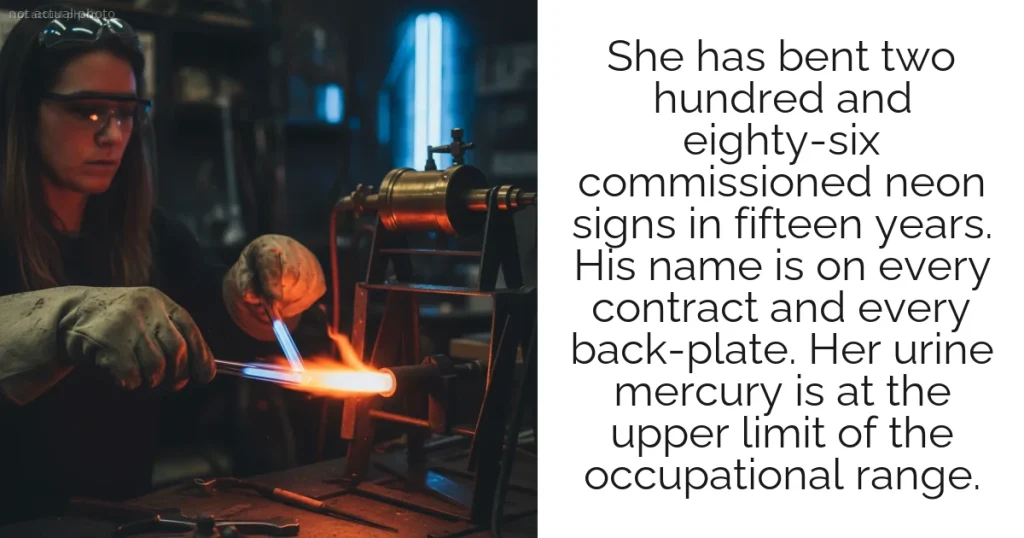 She has bent two hundred and eighty-six commissioned neon signs in fifteen years. His name is on every contract and every back-plate. Her urine mercury is at the upper limit of the occupational range.