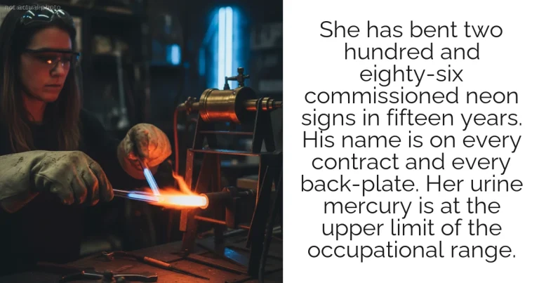 She has bent two hundred and eighty-six commissioned neon signs in fifteen years. His name is on every contract and every back-plate. Her urine mercury is at the upper limit of the occupational range.