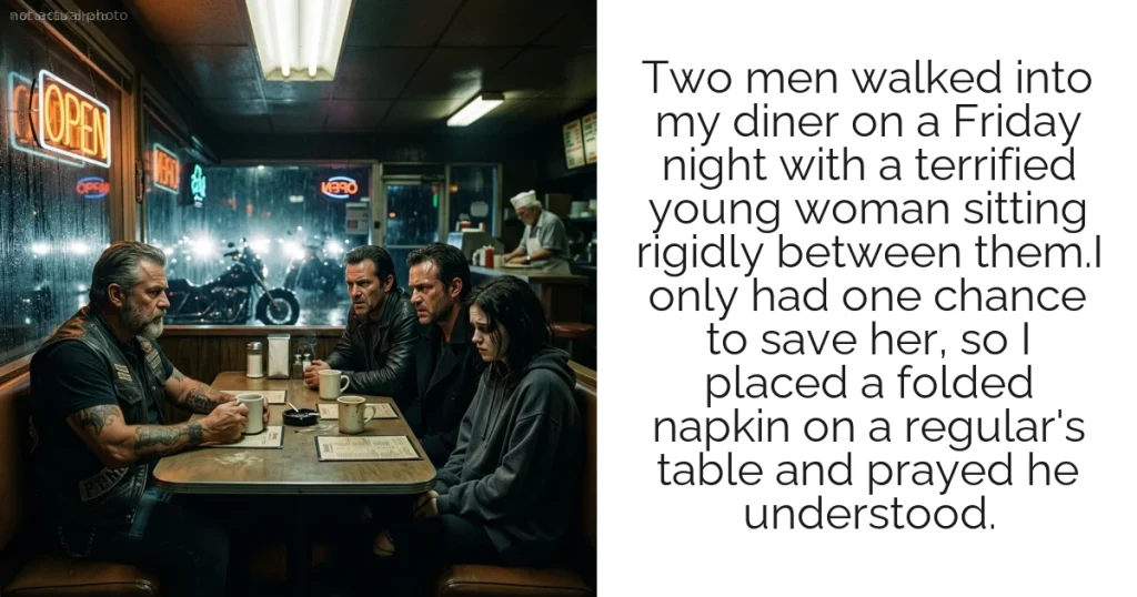 Two men walked into my diner on a Friday night with a terrified young woman sitting rigidly between them.I only had one chance to save her, so I placed a folded napkin on a regular's table and prayed he understood.