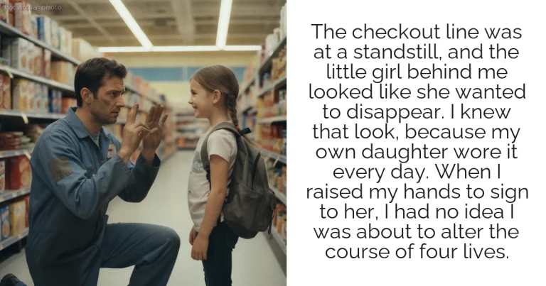 The checkout line was at a standstill, and the little girl behind me looked like she wanted to disappear. I knew that look, because my own daughter wore it every day. When I raised my hands to sign to her, I had no idea I was about to alter the course of four lives.