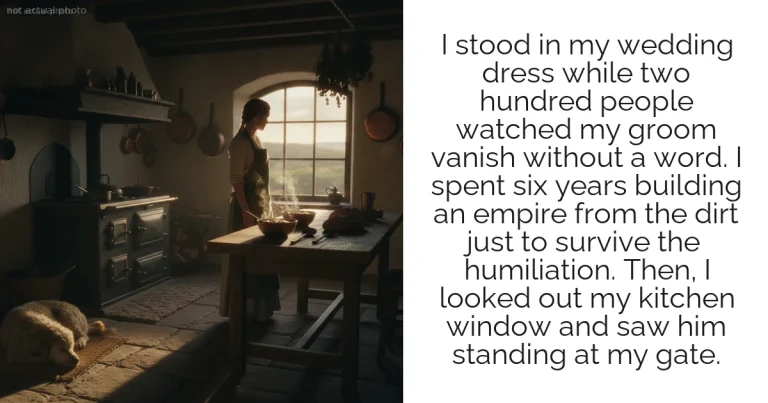 I stood in my wedding dress while two hundred people watched my groom vanish without a word. I spent six years building an empire from the dirt just to survive the humiliation. Then, I looked out my kitchen window and saw him standing at my gate.