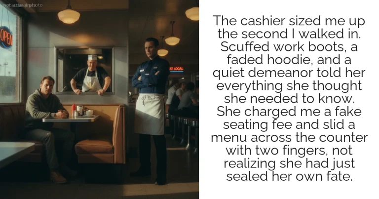 The cashier sized me up the second I walked in. Scuffed work boots, a faded hoodie, and a quiet demeanor told her everything she thought she needed to know. She charged me a fake seating fee and slid a menu across the counter with two fingers, not realizing she had just sealed her own fate.