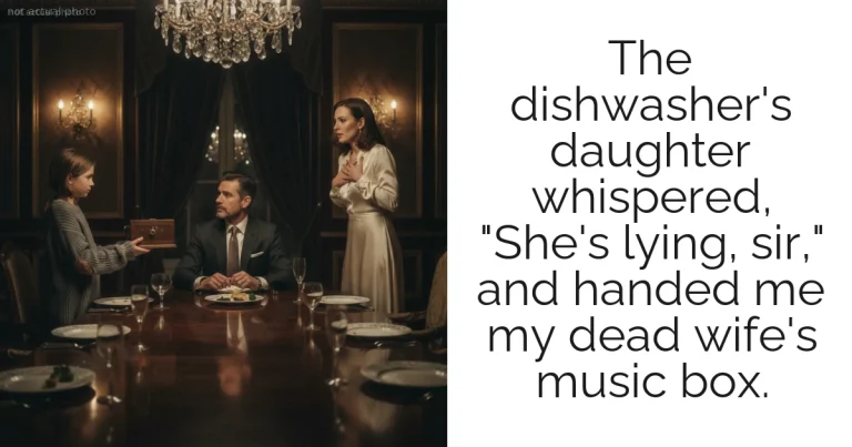 The dishwasher's daughter whispered, "She's lying, sir," and handed me my dead wife's music box.