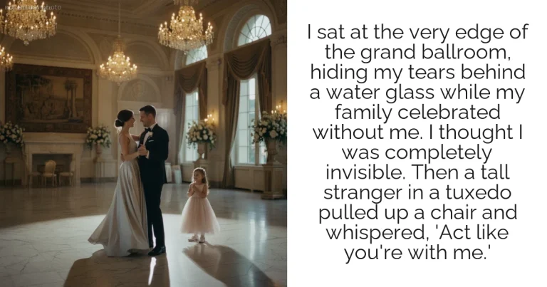 I sat at the very edge of the grand ballroom, hiding my tears behind a water glass while my family celebrated without me. I thought I was completely invisible. Then a tall stranger in a tuxedo pulled up a chair and whispered, 'Act like you're with me.'