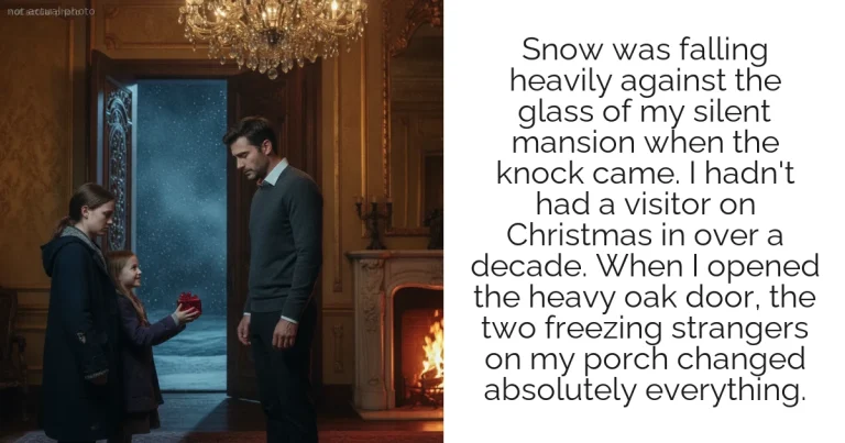 Snow was falling heavily against the glass of my silent mansion when the knock came. I hadn't had a visitor on Christmas in over a decade. When I opened the heavy oak door, the two freezing strangers on my porch changed absolutely everything.