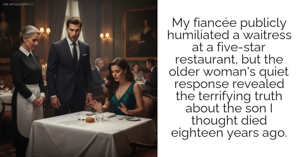 My fiancée publicly humiliated a waitress at a five-star restaurant, but the older woman's quiet response revealed the terrifying truth about the son I thought died eighteen years ago.