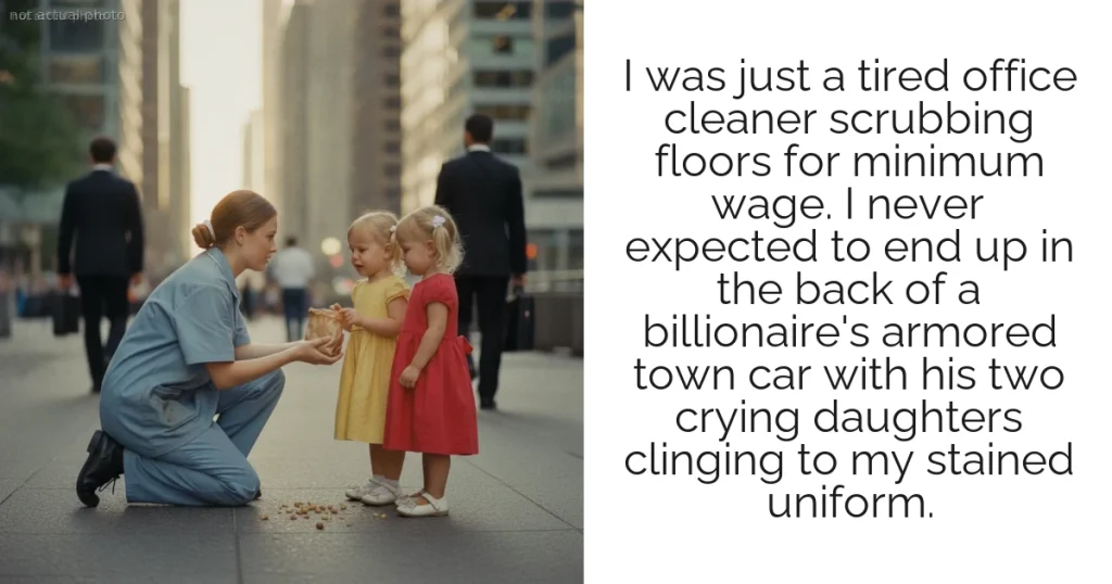 I was just a tired office cleaner scrubbing floors for minimum wage. I never expected to end up in the back of a billionaire's armored town car with his two crying daughters clinging to my stained uniform.