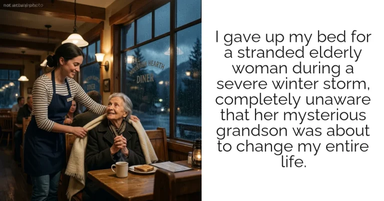 I gave up my bed for a stranded elderly woman during a severe winter storm, completely unaware that her mysterious grandson was about to change my entire life.