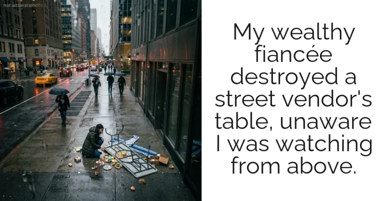 My wealthy fiancée destroyed a street vendor's table, unaware I was watching from above.