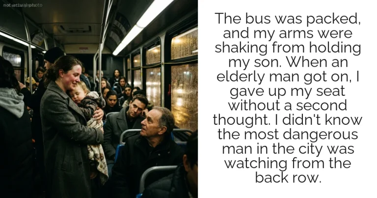The bus was packed, and my arms were shaking from holding my son. When an elderly man got on, I gave up my seat without a second thought. I didn't know the most dangerous man in the city was watching from the back row.