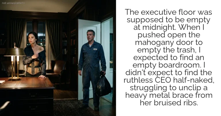 The executive floor was supposed to be empty at midnight. When I pushed open the mahogany door to empty the trash, I expected to find an empty boardroom. I didn't expect to find the ruthless CEO half-naked, struggling to unclip a heavy metal brace from her bruised ribs.