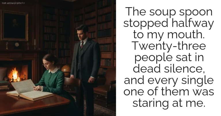 The soup spoon stopped halfway to my mouth. Twenty-three people sat in dead silence, and every single one of them was staring at me.