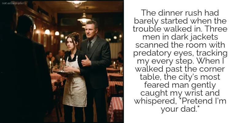 The dinner rush had barely started when the trouble walked in. Three men in dark jackets scanned the room with predatory eyes, tracking my every step. When I walked past the corner table, the city's most feared man gently caught my wrist and whispered, "Pretend I'm your dad."