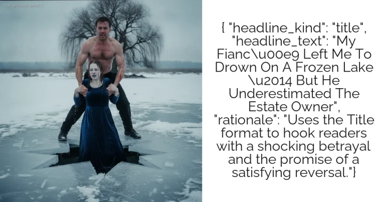 { "headline_kind": "title", "headline_text": "My Fiancu00e9 Left Me To Drown On A Frozen Lake u2014 But He Underestimated The Estate Owner", "rationale": "Uses the Title format to hook readers with a shocking betrayal and the promise of a satisfying reversal."}